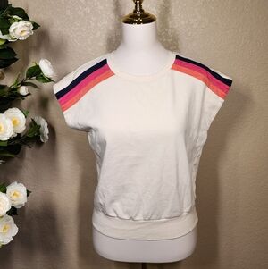 EVEREVE Retro Stripe Sweatshirt Top Women’s M Cream Sleeveless 70s Inspired